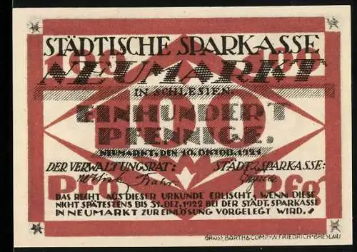 Notgeld Neumarkt, 1921, 100 Pfennig, Städtische Sparkasse, Wappen und Text