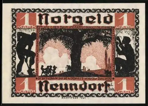 Notgeld Neundorf 1921, 1 Mark, Baummotiv mit Spruch und dekorativem Design