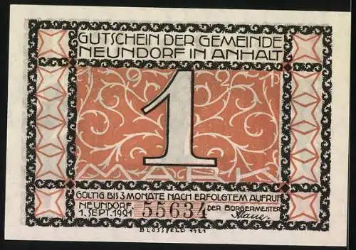 Notgeld Neundorf 1921, 1 Mark, Baummotiv mit Spruch und dekorativem Design