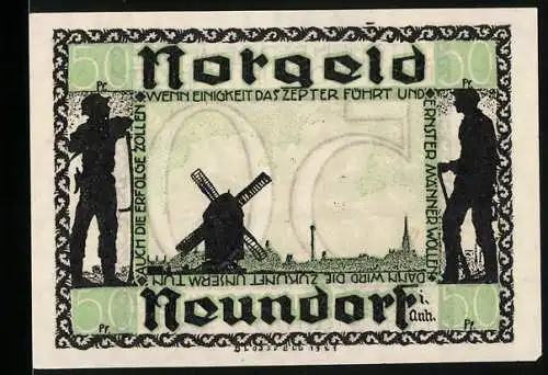 Notgeld Neundorf 1921, 50 Pfennig, Windmühle und Bauern mit Werkzeugen