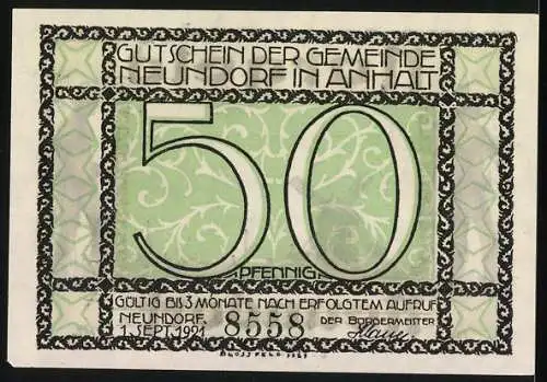 Notgeld Neundorf 1921, 50 Pfennig, Windmühle und Bauern mit Werkzeugen