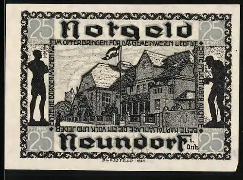 Notgeld Neundorf 1921, 25 Pfennig, Gebäude-Abbildung und Verzierungsmuster, gültig bis 3 Monate nach Aufruf