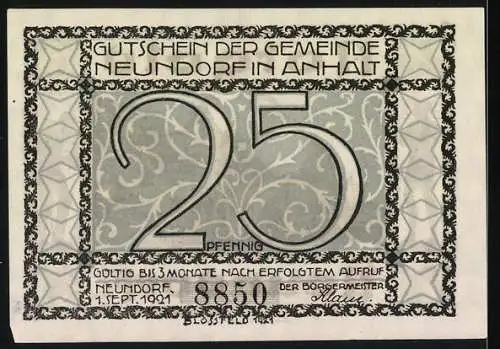 Notgeld Neundorf 1921, 25 Pfennig, Gebäude-Abbildung und Verzierungsmuster, gültig bis 3 Monate nach Aufruf