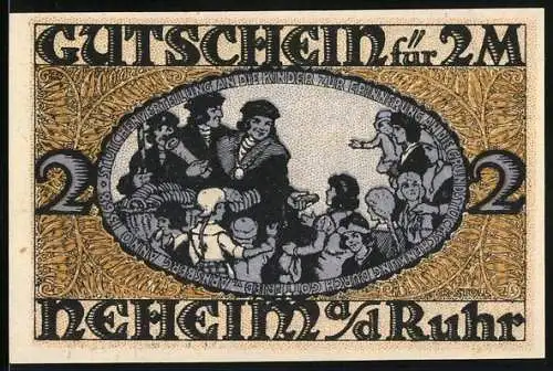 Notgeld Neheim an der Ruhr, 2 Mark, Gutschein mit Stadtwappen und Kinderillustrationen