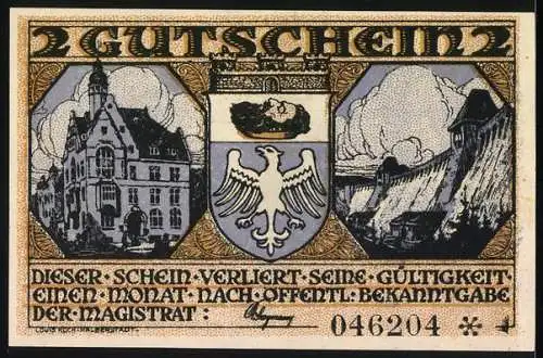 Notgeld Neheim an der Ruhr, 2 Mark, Gutschein mit Stadtwappen und Kinderillustrationen