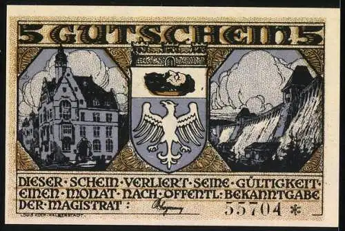 Notgeld Neheim an der Ruhr, 5 Mark, Festmahl-Szene und Stadtwappen mit Gebäuden