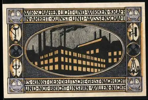 Notgeld Neheim a.d. Ruhr, 1 Mark, Industriegebäude und Adler, Text über Wirtschaft und Wissenschaft