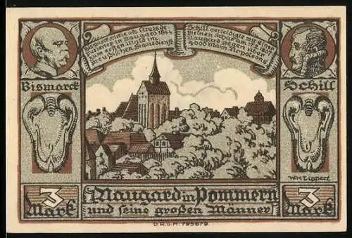 Notgeld Naugard in Pommern, 3 Mark, Bismarck und Schill, Stadtansicht und Wappen, Nr. 25805