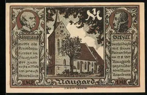 Notgeld Naugard in Pommern, 1 Mark, Abbildung von Bismarck und Schill, Stadtwappen, Nr. 27730