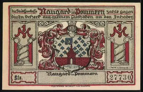 Notgeld Naugard in Pommern, 1 Mark, Abbildung von Bismarck und Schill, Stadtwappen, Nr. 27730