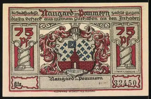 Notgeld Naugard, 75 Pfennig, Das neue Rathaus und Stadtwappen, Portrait Schill & Bismarck