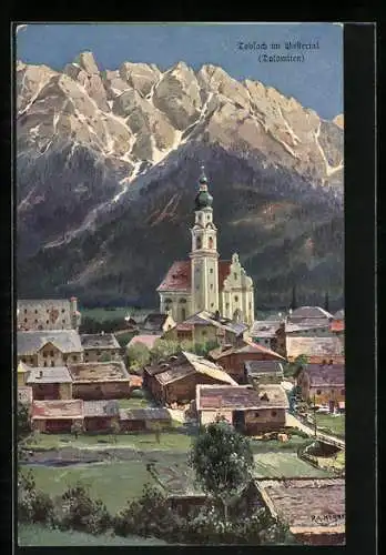 Künstler-AK Rudolf Alfred Höger: Toblach i. Pustertal, Ortspartie mit Kirche