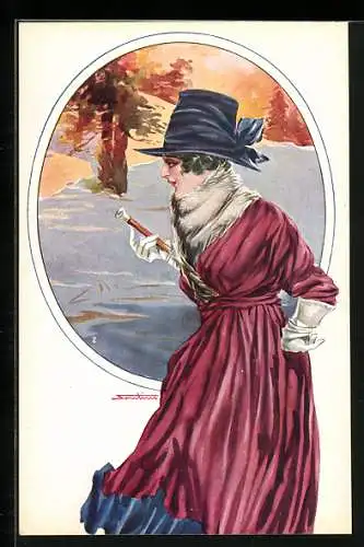 Künstler-AK M. Santino: Elegante Dame mit Gehstock vor einer Winterlandschaft