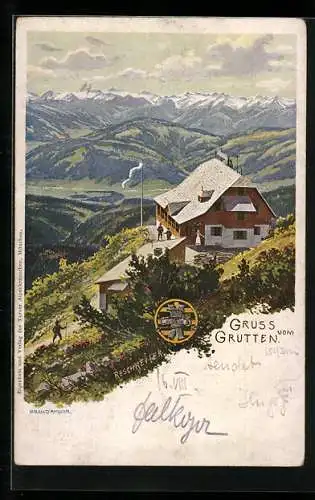 Künstler-AK Rudolf Reschreiter: Berghütte am Grutten mit Alpen-Panorama