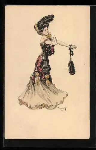 Künstler-AK Ferdinand von Reznicek: Elegante Dame mit Hut und Handtasche