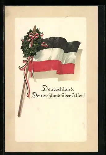 AK Deutsche Reichsflagge mit Eichenkranz und Zeile aus der 1. Strophe der Nationalhymne
