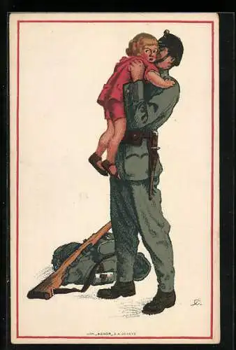 Lithographie schweizerische Nationalspende für unsere Soldaten und ihre Familien, Soldat mit Tochter auf dem Arm