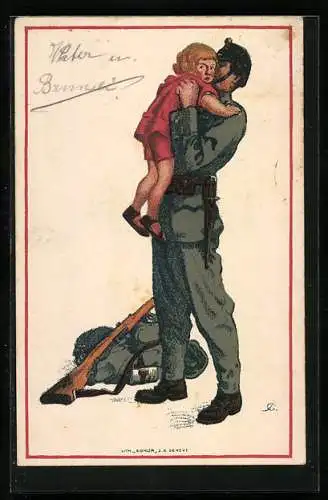 Lithographie schweizerische Nationalspende für unsere Soldaten und ihre Familien, Soldat mit Tochter auf dem Arm