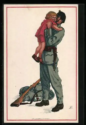 Lithographie schweizerische Nationalspende für unsere Soldaten und ihre Familien, Soldat mit Tochter auf dem Arm