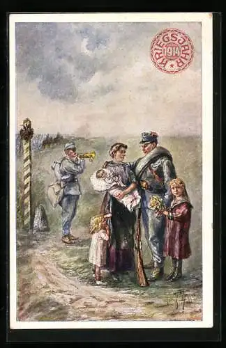 AK Österreichischer Soldat verabschiedet sich von der Familie, er zieht in den Krieg, 1914