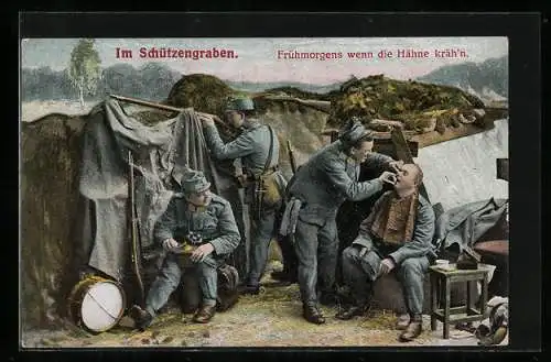 AK österreichische Soldaten im Schützengraben, Barbier bei Rasur