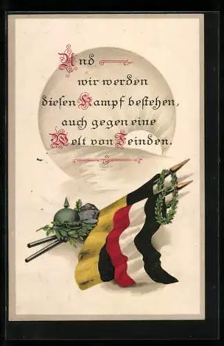 AK Fahnen des Zweibund mit deutscher Pickelhaube und österreichischer Feldmütze