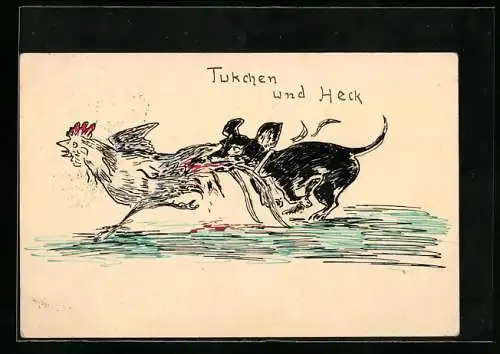 Künstler-AK Handgemalt: Tukchen und Heck, Hund jagt einen Hahn