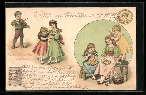 Lithographie Reklame für Rademann`s Kindermehl, Kinder tanzen und schmücken sich