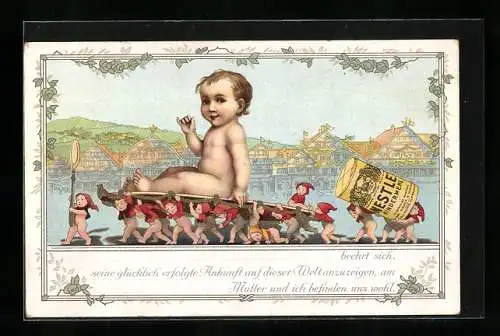 Lithographie Farine Lactée Nestlé, Gnome tragen Säugling, Reklame