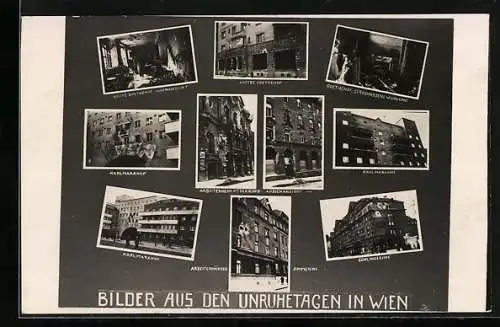 AK Bilder aus den Unruhetagen in Wien, Ortspartien mit beschädigten Gebäuden