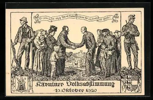 Künstler-AK Zwei Männer geben sich die Hand, Kärntner Volksabstimmung 1920