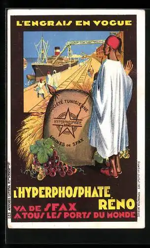AK Ein Tunesier am Hafen mit einem Sack Hyperphosphate, Reklame für Réno