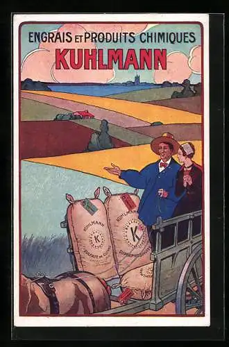 AK Reklame für Dünger der Firma Kuhlmann, Bauer mit seinem Pferdegespann