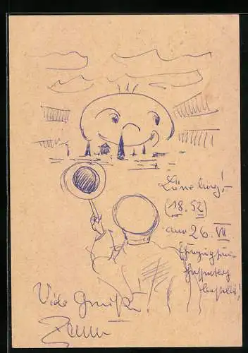 Künstler-AK Handgemalt: Lachende Sonne geht über Schaffner auf