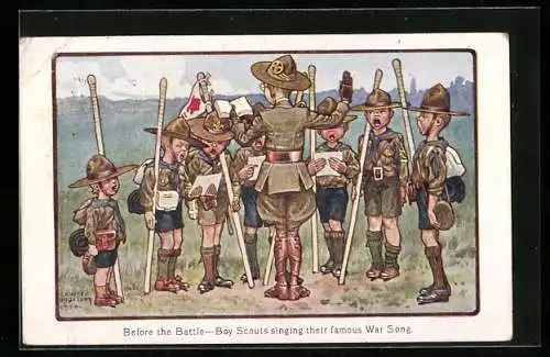 Künstler-AK sign. Ernest Ibbetson: Boy Scouts singing their famous War Song