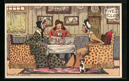 Künstler-AK sign. George P. de Laet: drei Frauen trinken Tee