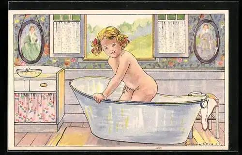 Künstler-AK Mädchen steht in einer Badewanne