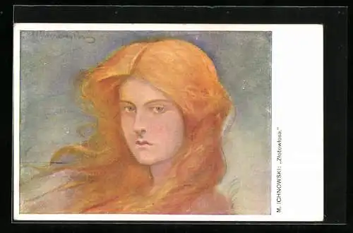 Künstler-AK sign.: M. Ichnowski, Portrait einer jungen Dame mit roten Haaren