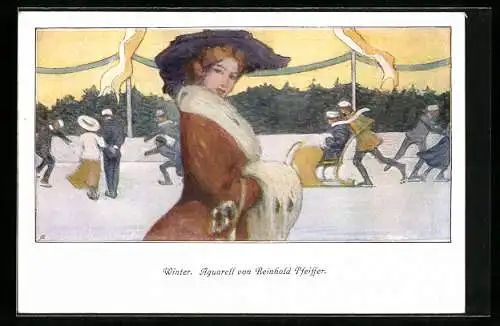 Künstler-AK sign. Reinhold Pfeiffer: Winter, Frau im Pelzmantel beim Schlittschuhlaufen
