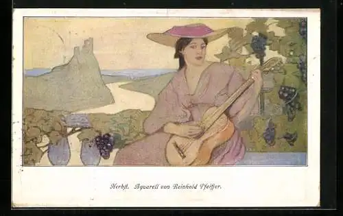 Künstler-AK sign. Rienhold Pfeiffer: Dame mit Gitarre an einer Landstrasse mit Reben im Herbst