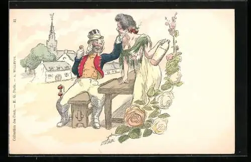 Künstler-Lithographie sign. A. Wilette: Kavalier und Schankmaid