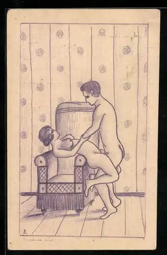 Künstler-AK Handgemalt: Paar beim Geschlechtsverker am Sessel