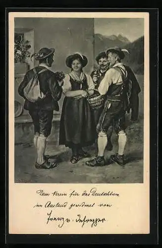Künstler-AK sign. Fr. v. Defregger mit original Autograph: Der Hochzeiter, gew. d. Verein für das Deutschtum im Ausland