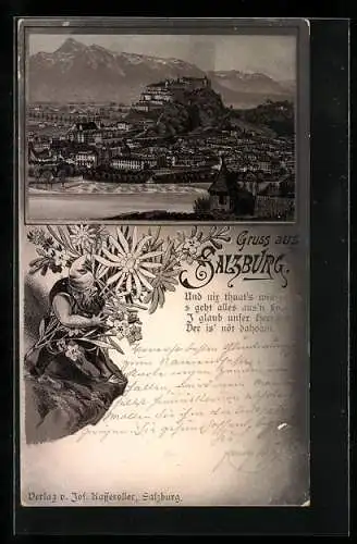Vorläufer-Lithographie Salzburg, 1891, Panorama mit Stadt und Hohensalzburg gegen die Alpen, Zwerg mit Alpenblumen
