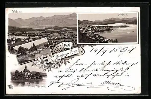 Vorläufer-Lithographie Velden a. Wörther See, 1894, Totalansicht, Pörtschach, Maria Woerth