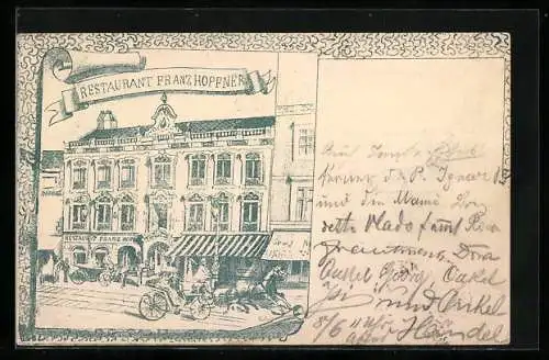 Künstler-AK Wien, Restaurant Franz Hopfner mit Kutsche