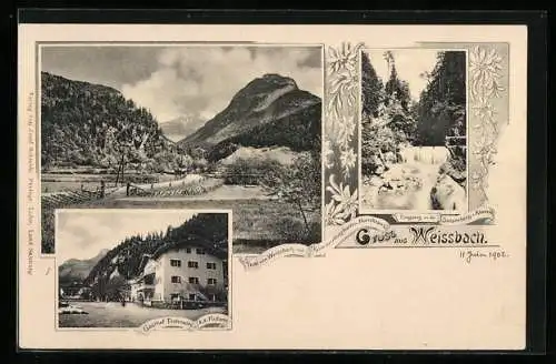 AK Weissbach, Gasthof Frohnwies, K. K. Postamt, Eingang in die Seisenberg-Klamm, Thal mit Kammerlinghorn u. Hochkranz