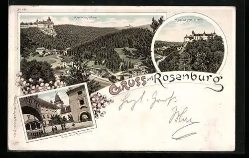 Lithographie Rosenburg, Ortsansicht von Osten, Ortsansicht von Westen, Schlosshof