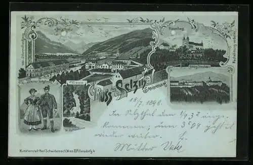 Mondschein-Lithographie Selzthal /Steiermark, Schloss Strechau, Frauenberg, Klamm und Steirer Volkstracht