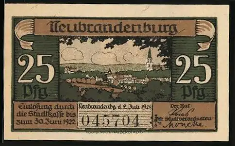 Notgeld Neubrandenburg 1921, 25 Pfennig, Stadtansicht und Kirchturm